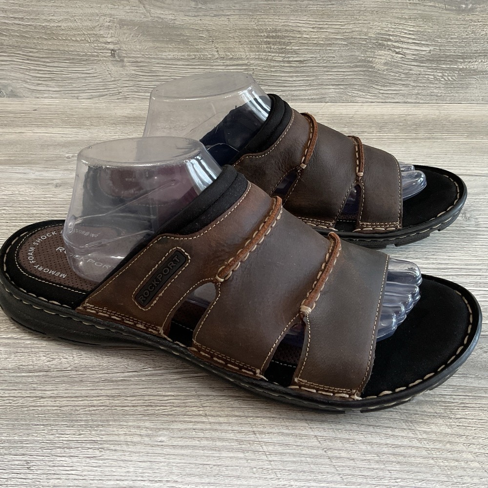 Rockport Mens Leather Slip-On Darwyn H80307 Slide Sandal Brown Size 11 NEW
